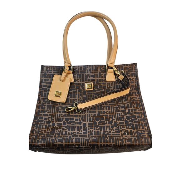 Diane Von Furstenburg Brown and Camel Genuine Leather Tote Logo Monogram 17" - Picture 1 of 11